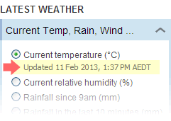 Example of last updated label in Latest Weather left-hand menu