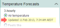 Example of last updated label in Temperature Forecasts left-hand menu