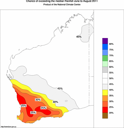 probability of exceeding median rainfall - click on the map for a larger version of the map