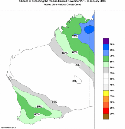 probability of exceeding median rainfall - click on the map for a larger version of the map