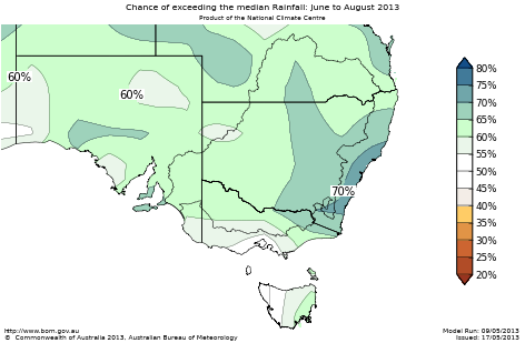 Probability of exceeding median rainfall - click on the map for a larger version