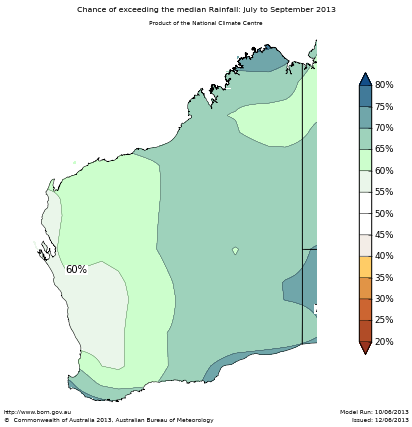 Probability of exceeding median rainfall - click on the map for a larger version