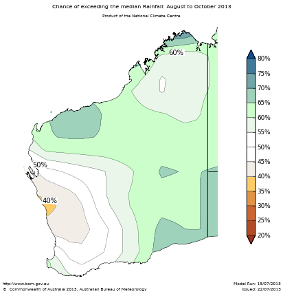 Probability of exceeding median rainfall - click on the map for a larger version
