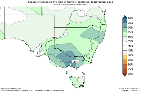 Probability of exceeding median rainfall - click on the map for a larger version