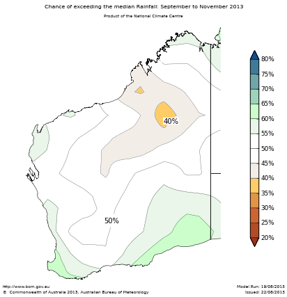 Probability of exceeding median rainfall - click on the map for a larger version