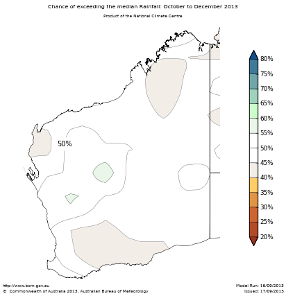 Probability of exceeding median rainfall - click on the map for a larger version