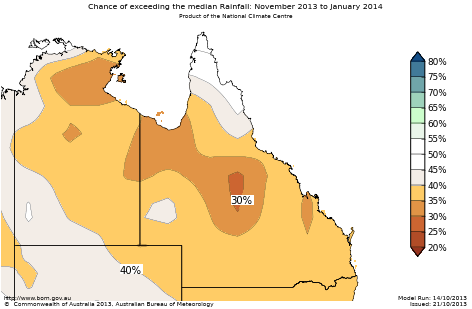 Probability of exceeding median rainfall - click on the map for a larger version