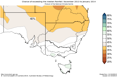 Probability of exceeding median rainfall - click on the map for a larger version