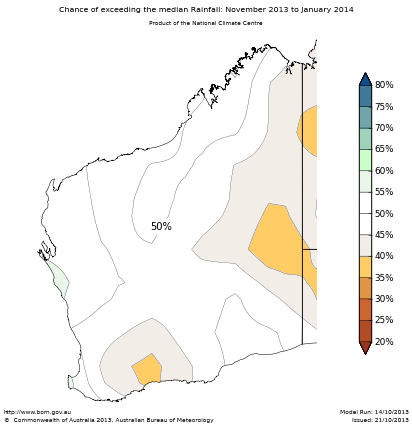 Probability of exceeding median rainfall - click on the map for a larger version