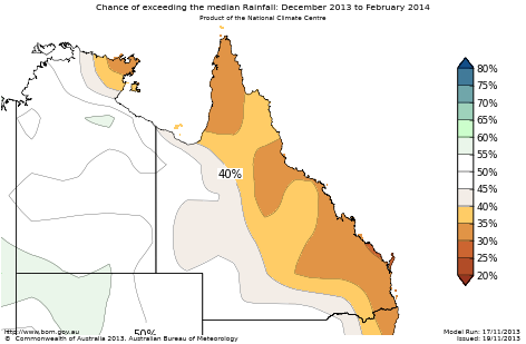 Probability of exceeding median rainfall - click on the map for a larger version