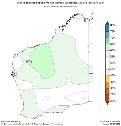 Probability of exceeding median rainfall - click on the map for a larger version