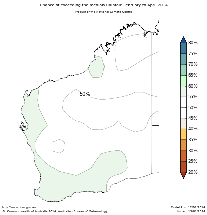 Probability of exceeding median rainfall - click on the map for a larger version