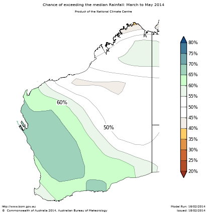 Probability of exceeding median rainfall - click on the map for a larger version