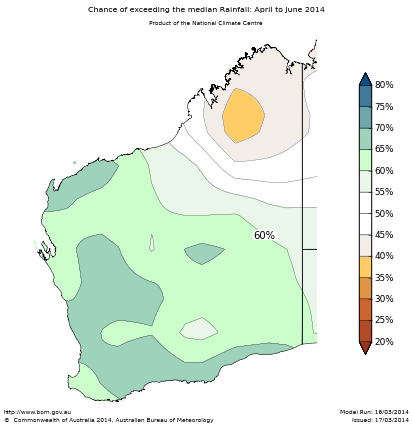 Probability of exceeding median rainfall - click on the map for a larger version