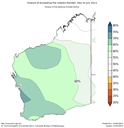 Probability of exceeding median rainfall - click on the map for a larger version