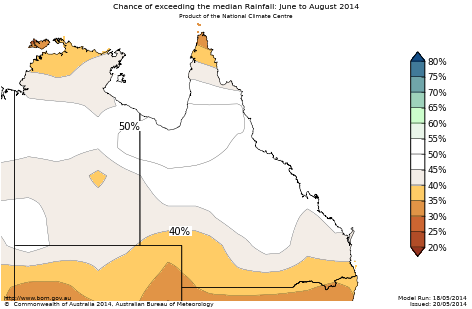 Probability of exceeding median rainfall - click on the map for a larger version