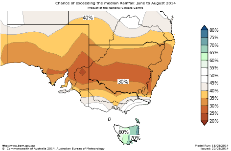 Probability of exceeding median rainfall - click on the map for a larger version