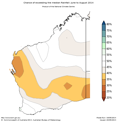 Probability of exceeding median rainfall - click on the map for a larger version
