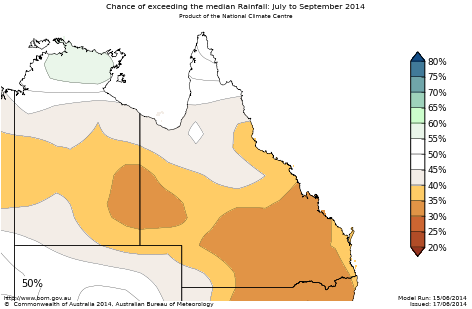 Probability of exceeding median rainfall - click on the map for a larger version
