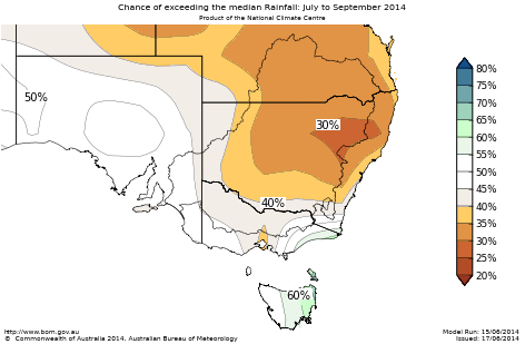 Probability of exceeding median rainfall - click on the map for a larger version