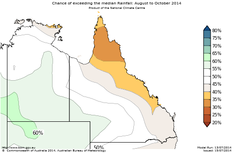 Probability of exceeding median rainfall - click on the map for a larger version