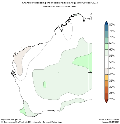 Probability of exceeding median rainfall - click on the map for a larger version