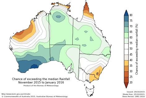 Probability of exceeding median rainfall - click on the map for a larger version