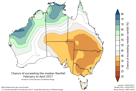 Probability of exceeding median rainfall - click on the map for a larger version
