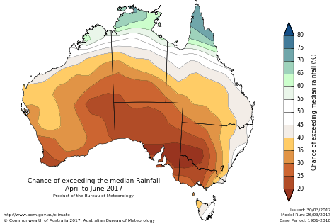 Probability of exceeding median rainfall - click on the map for a larger version