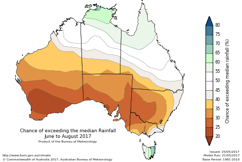 Probability of exceeding median rainfall - click on the map for a larger version