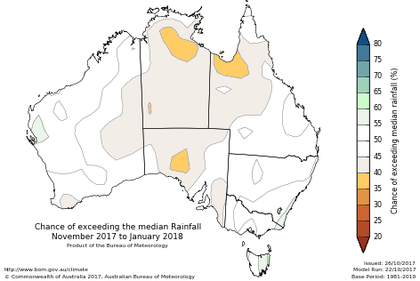 Probability of exceeding median rainfall - click on the map for a larger version