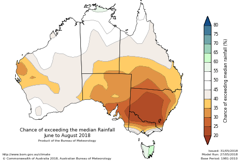 Probability of exceeding median rainfall - click on the map for a larger version