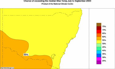 probability of exceeding median maximum temperature - click on the image for a larger version of the map