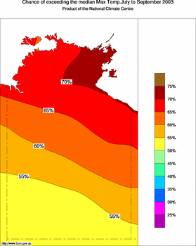 probability of exceeding median maximum temperature - click on the image for a larger version of the map