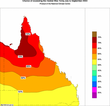probability of exceeding median maximum temperature - click on the image for a larger version of the map