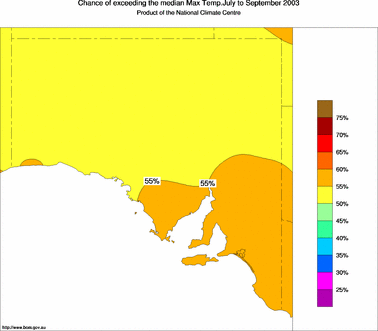 probability of exceeding median maximum temperature - click on the image for a larger version of the map