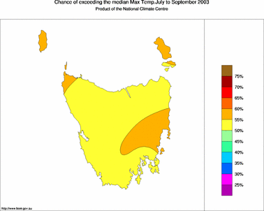 probability of exceeding median maximum temperature - click on the image for a larger version of the map