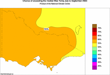 probability of exceeding median maximum temperature - click on the image for a larger version of the map