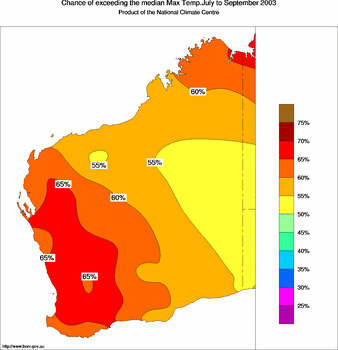 probability of exceeding median maximum temperature - click on the image for a larger version of the map