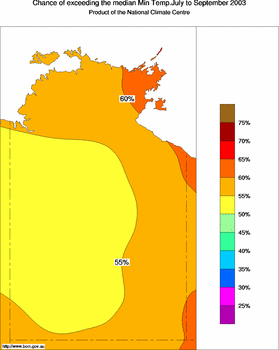 probability of exceeding median minimum temperature - click on the image for a larger version of the map