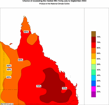 probability of exceeding median minimum temperature - click on the image for a larger version of the map