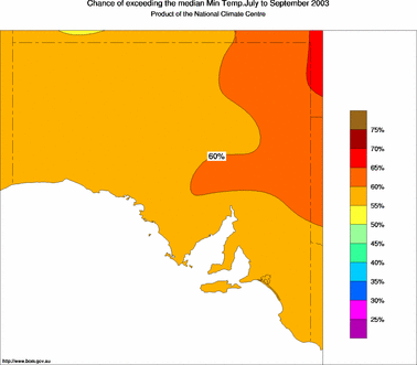 probability of exceeding median minimum temperature - click on the image for a larger version of the map
