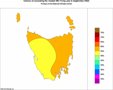 probability of exceeding median minimum temperature - click on the image for a larger version of the map