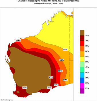 probability of exceeding median minimum temperature - click on the image for a larger version of the map