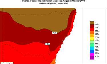 probability of exceeding median maximum temperature - click on the image for a larger version of the map