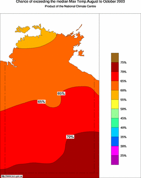 probability of exceeding median maximum temperature - click on the image for a larger version of the map