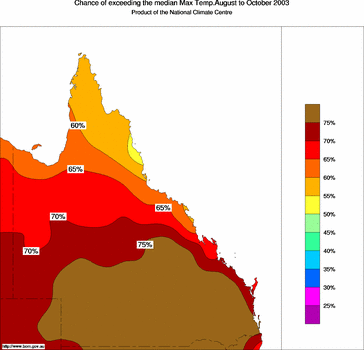 probability of exceeding median maximum temperature - click on the image for a larger version of the map