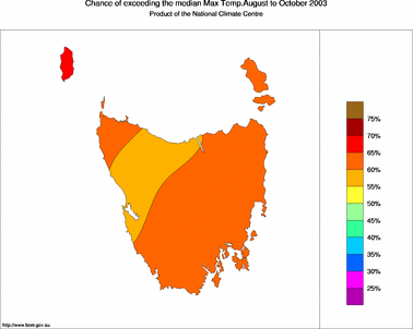 probability of exceeding median maximum temperature - click on the image for a larger version of the map
