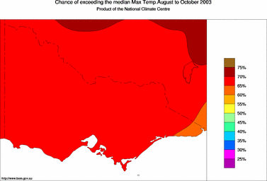probability of exceeding median maximum temperature - click on the image for a larger version of the map
