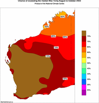 probability of exceeding median maximum temperature - click on the image for a larger version of the map